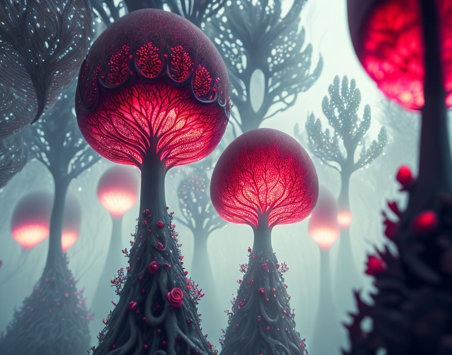 Enchanted Forest with Glowing Red Mushroom Trees in Ethereal Fog
