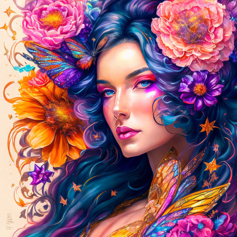 Colorful digital art: Woman with blue hair, adorned with flowers, butterflies, and stars