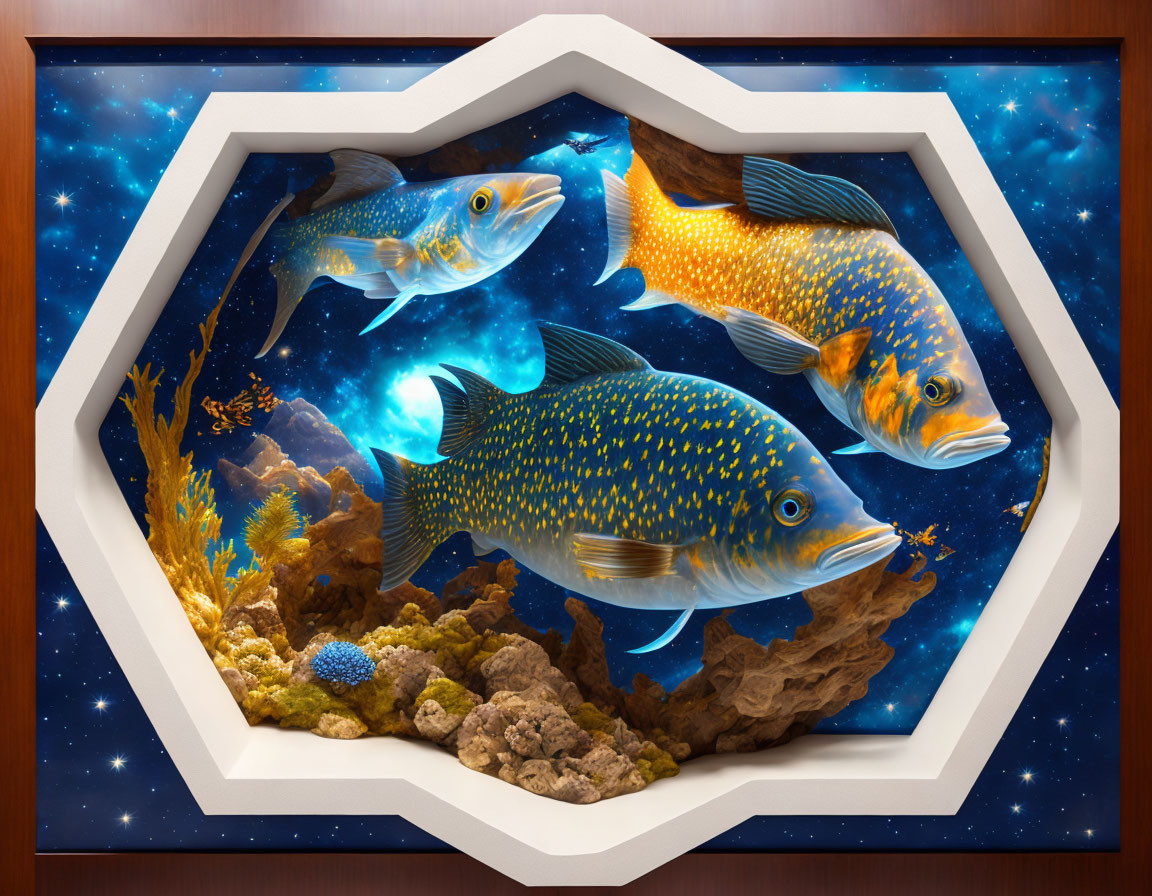3D wall art of fish swimming in space with coral against starry backdrop