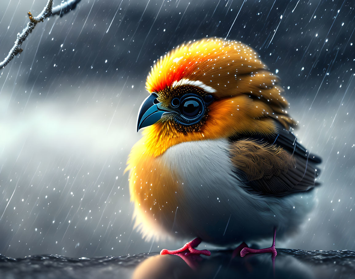 Colorful Bird Perched on Rainy Branch