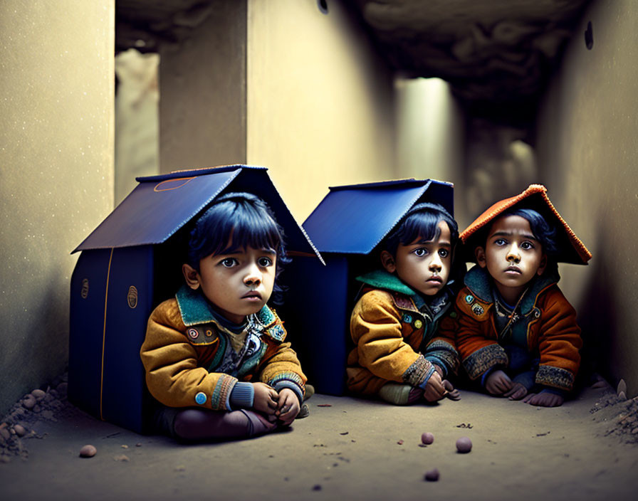 Children in cardboard boxes wearing warm coats in narrow alley