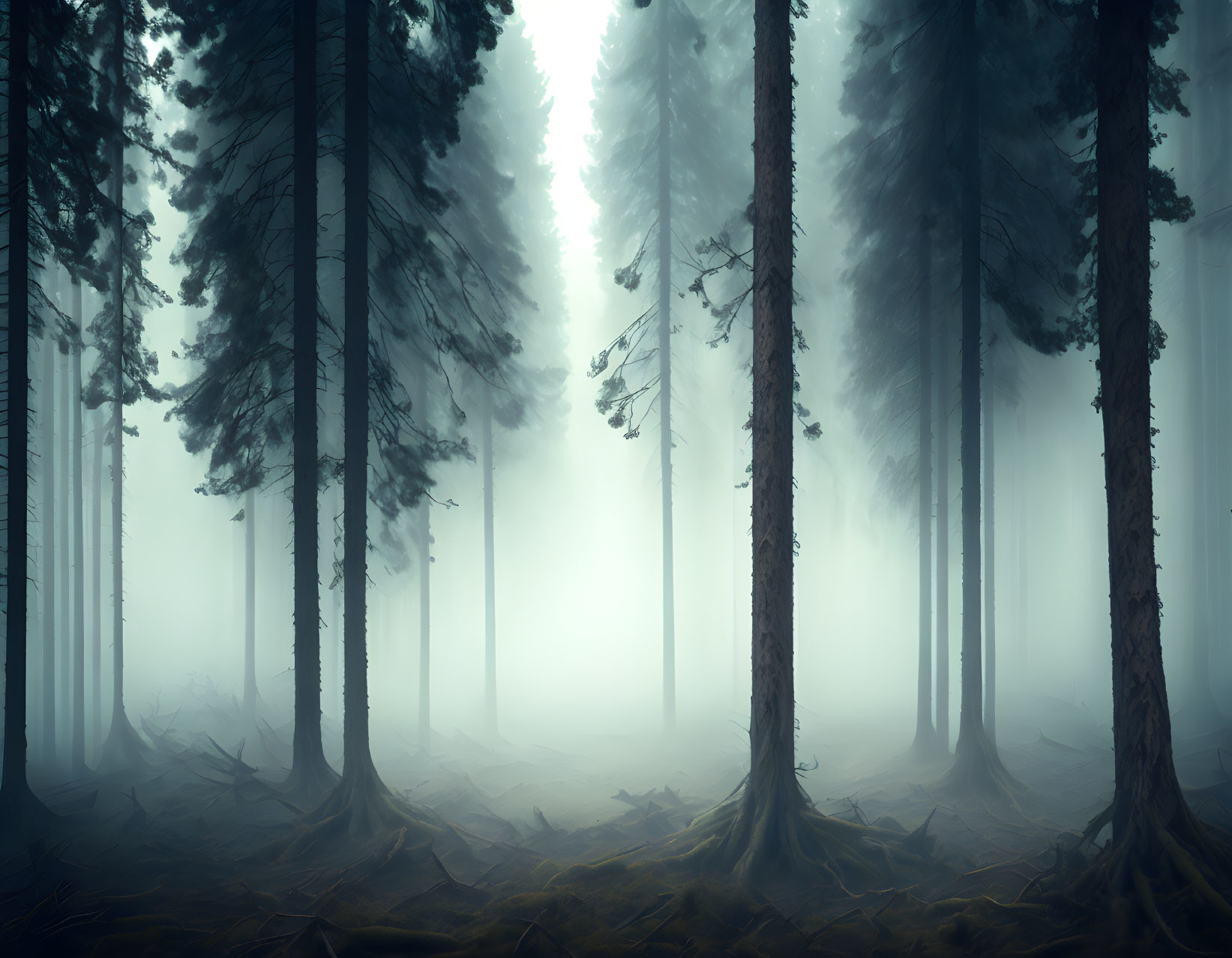 Misty forest with towering trees and soft light in dense fog