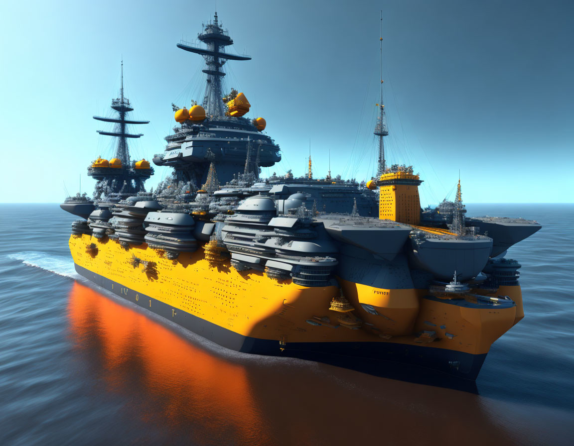 Futuristic battleship with gun turrets on ocean under clear sky