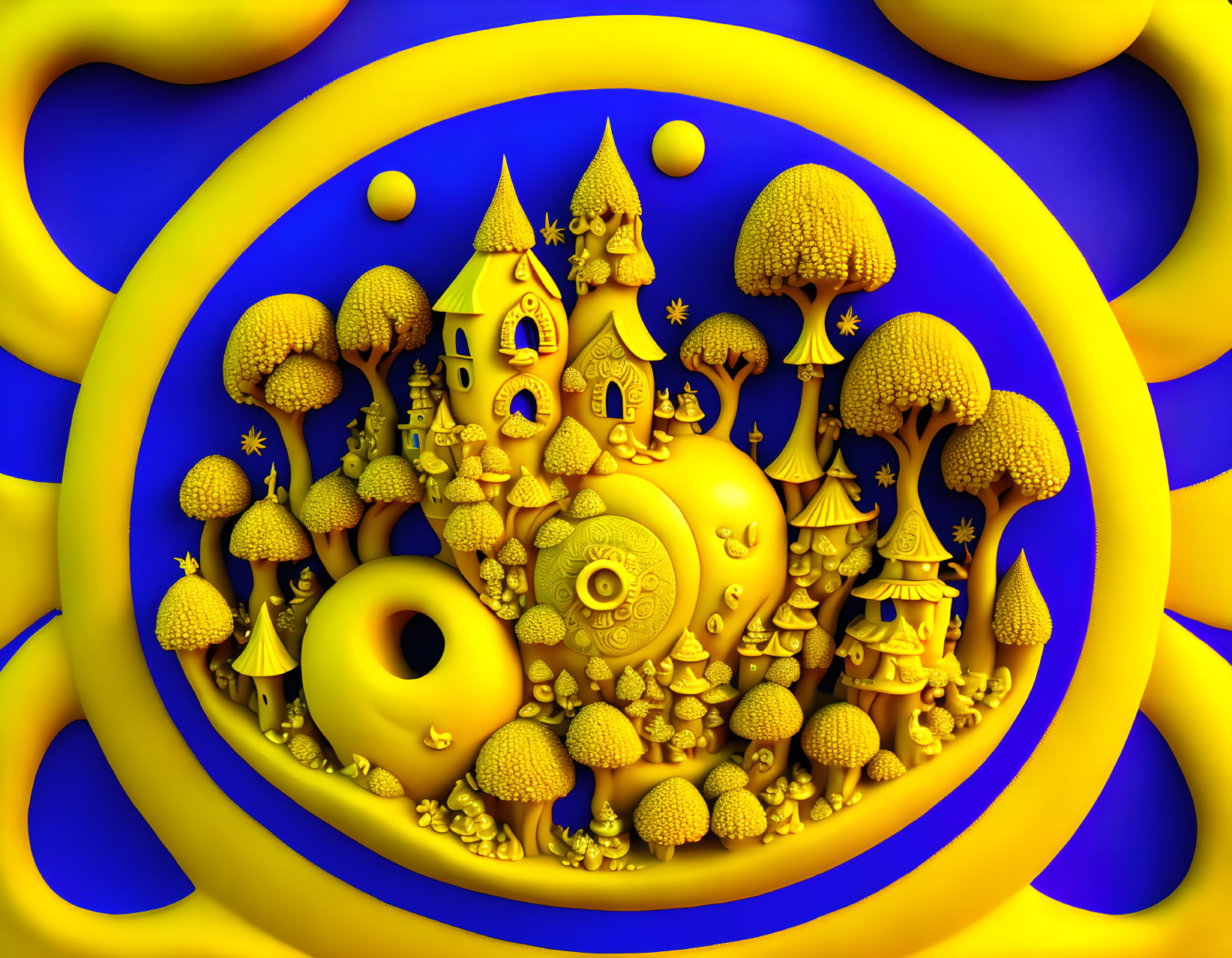 Colorful 3D fractal image of whimsical fantasy landscape