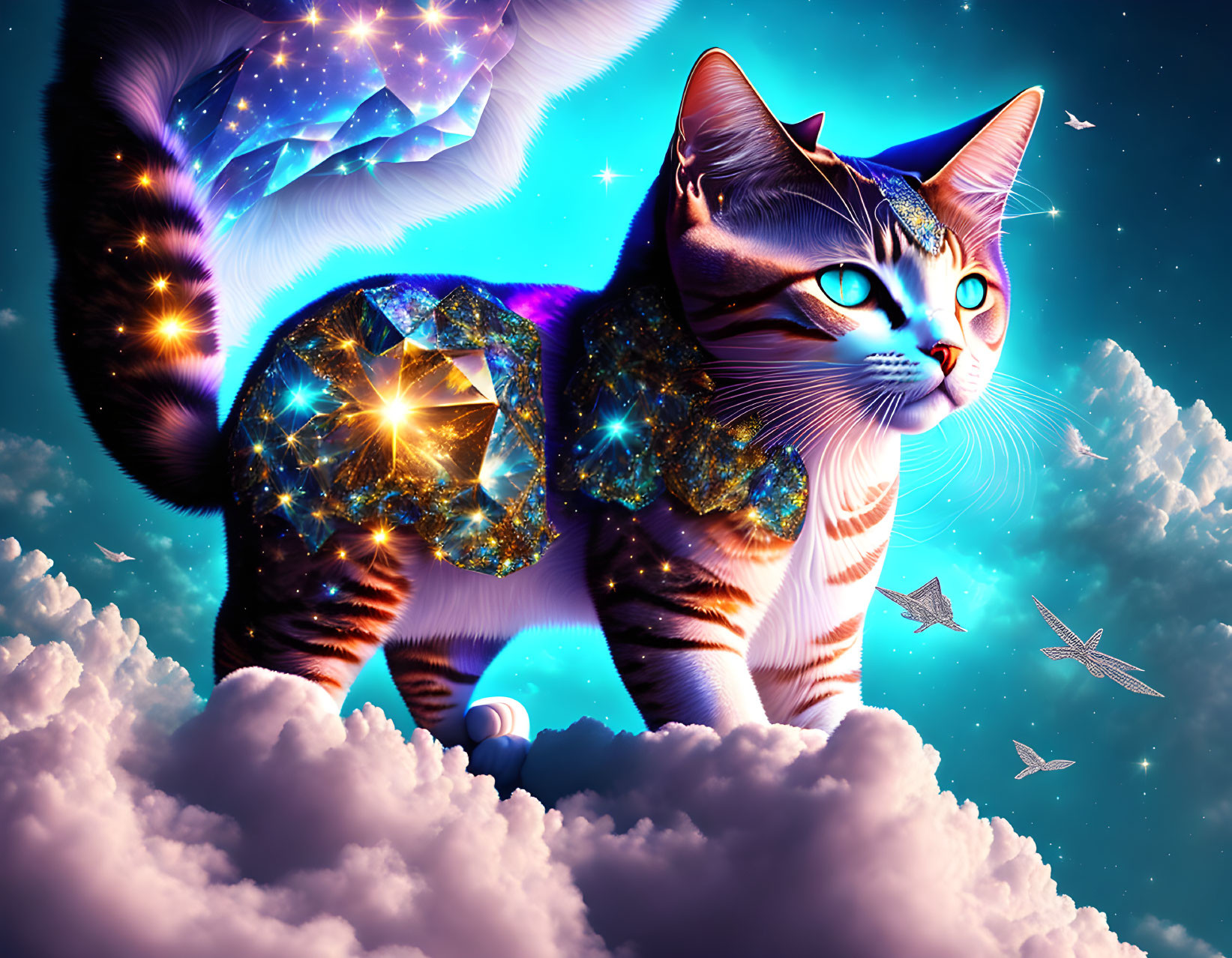 Surreal cat with cosmic body on clouds in starry sky