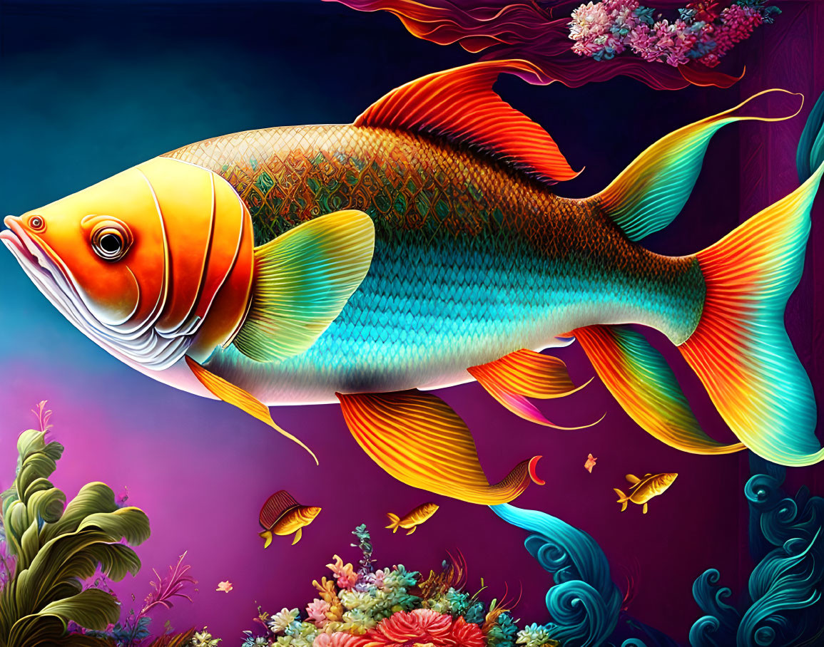 Colorful digital artwork of a large fish swimming in vibrant underwater scene