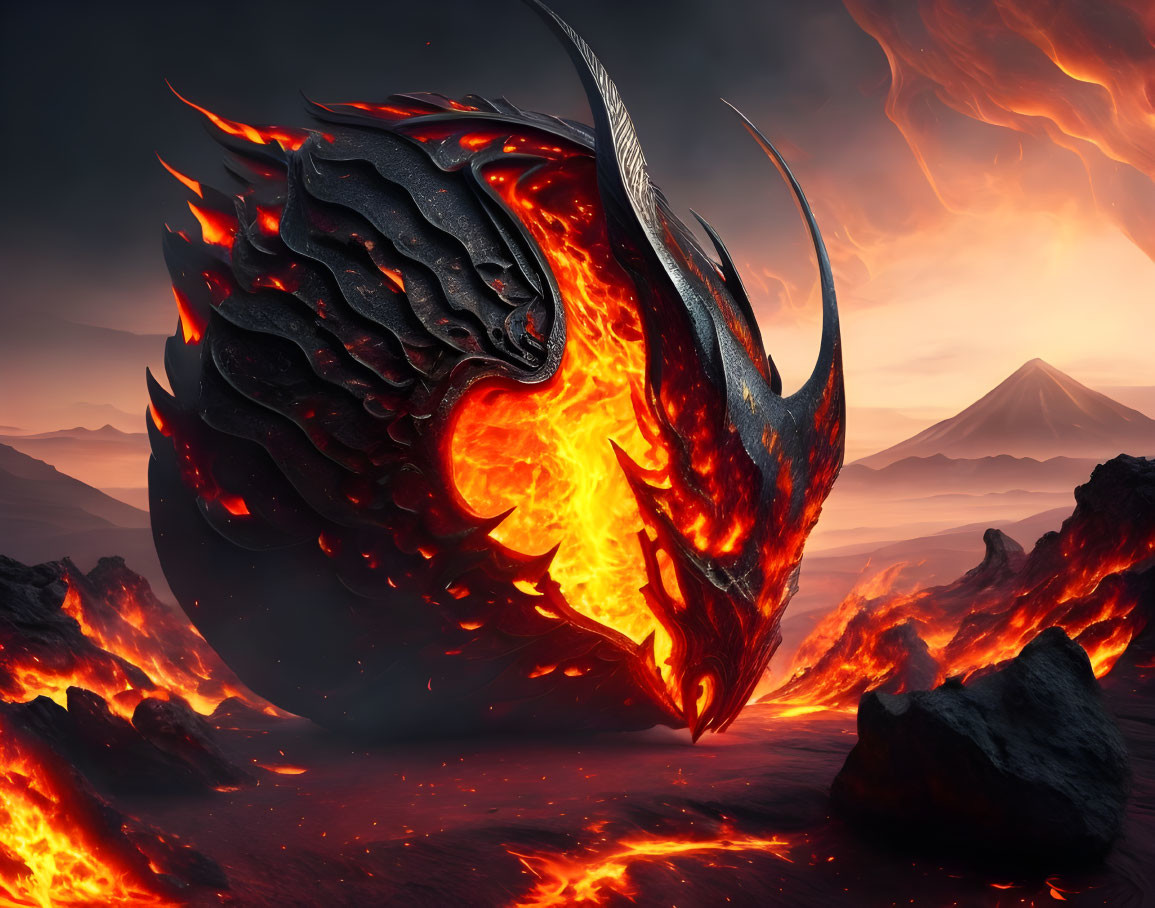 Fiery dragon emerging from molten lava in volcanic landscape