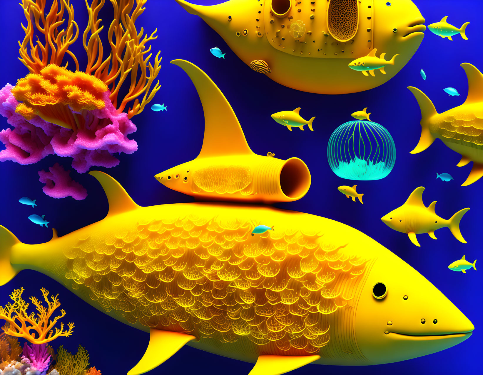 Colorful underwater scene with yellow fish, coral structures, and marine creatures