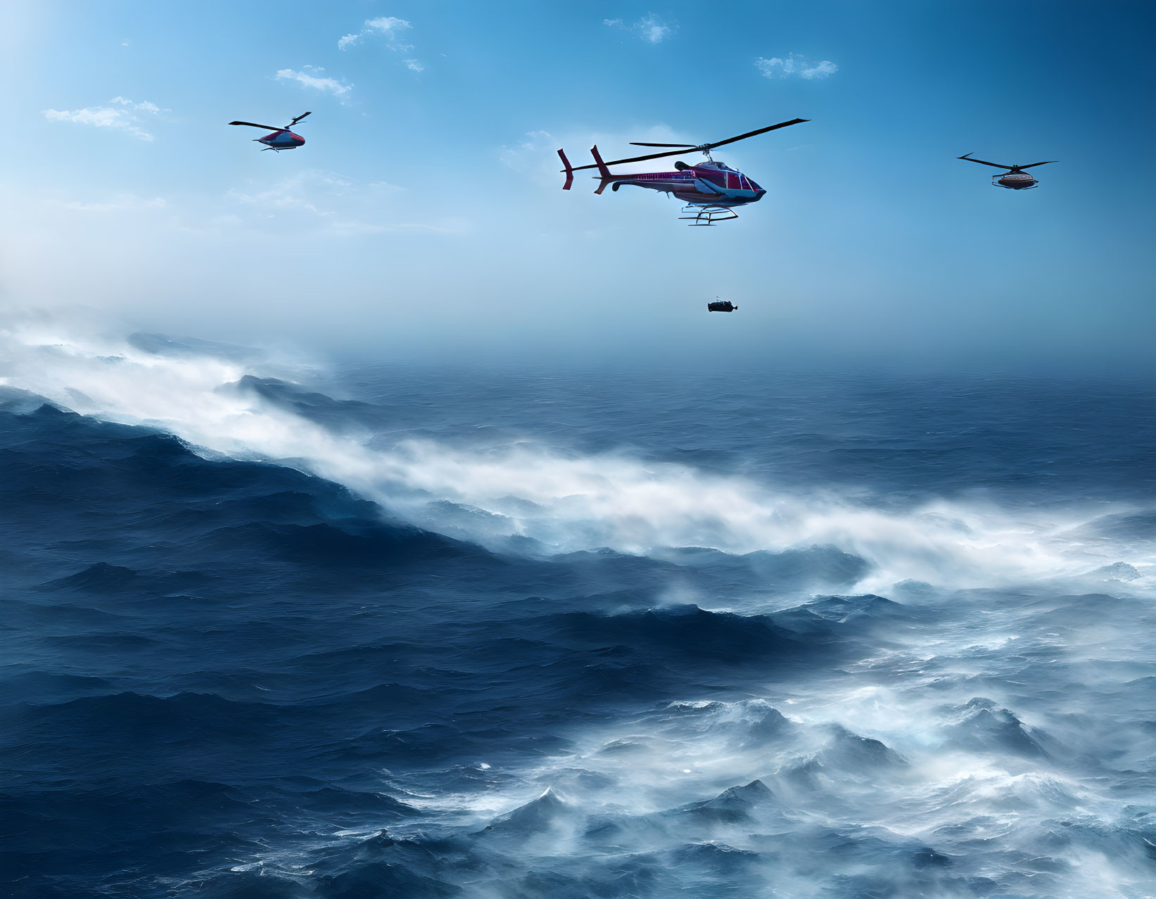 Three helicopters over turbulent ocean, one hoisting cargo box