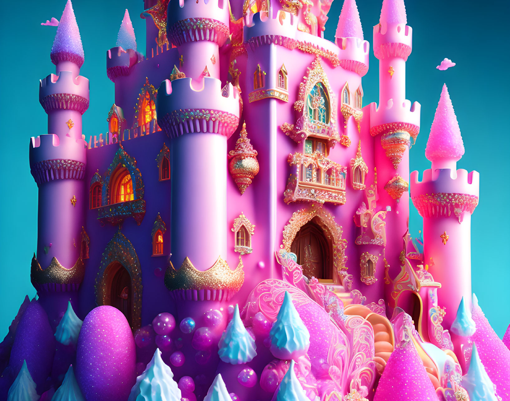Whimsical Pink Castle with Gold Accents and Pink Trees