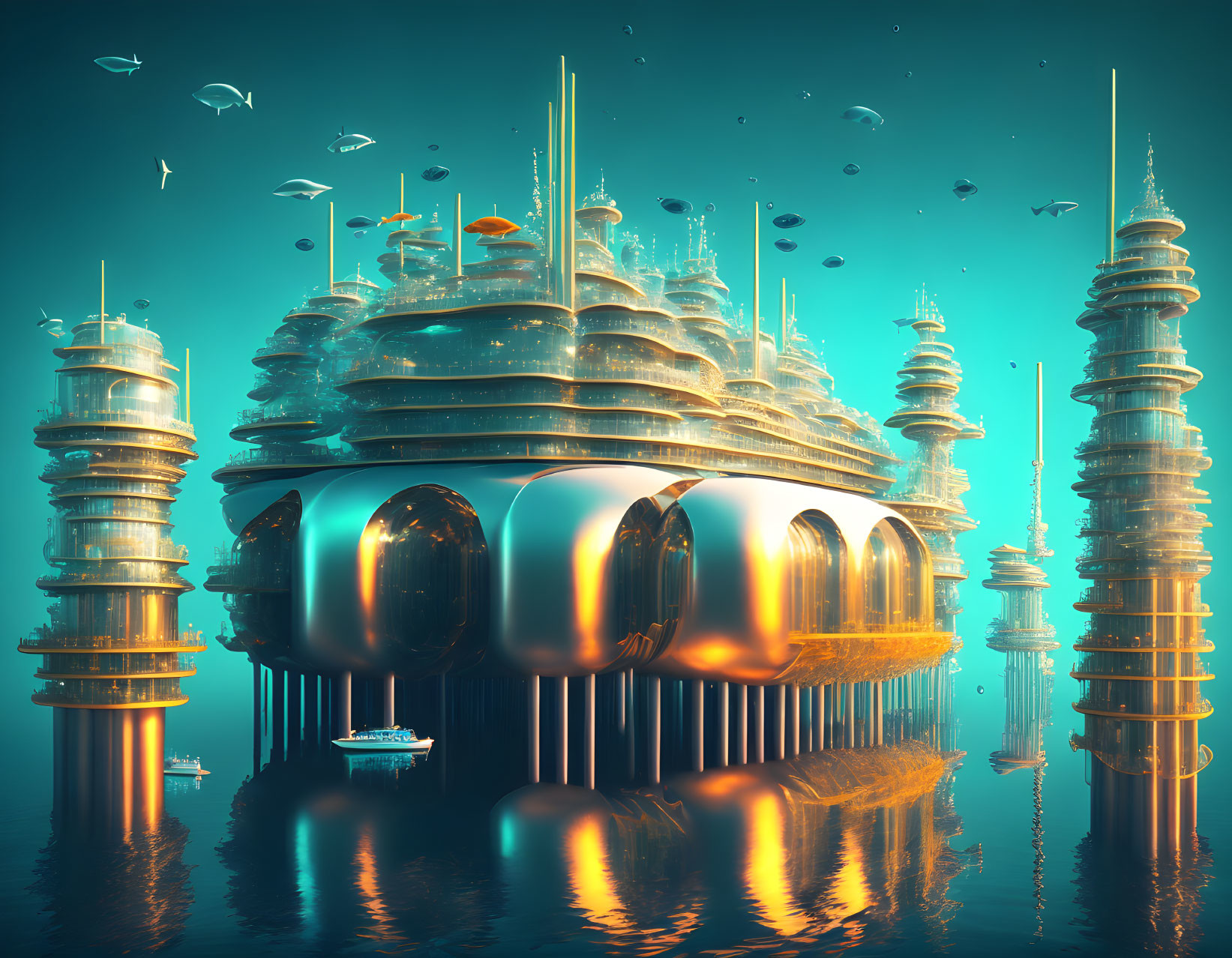Golden cityscape with towering spires, birds, boats, and teal sky.
