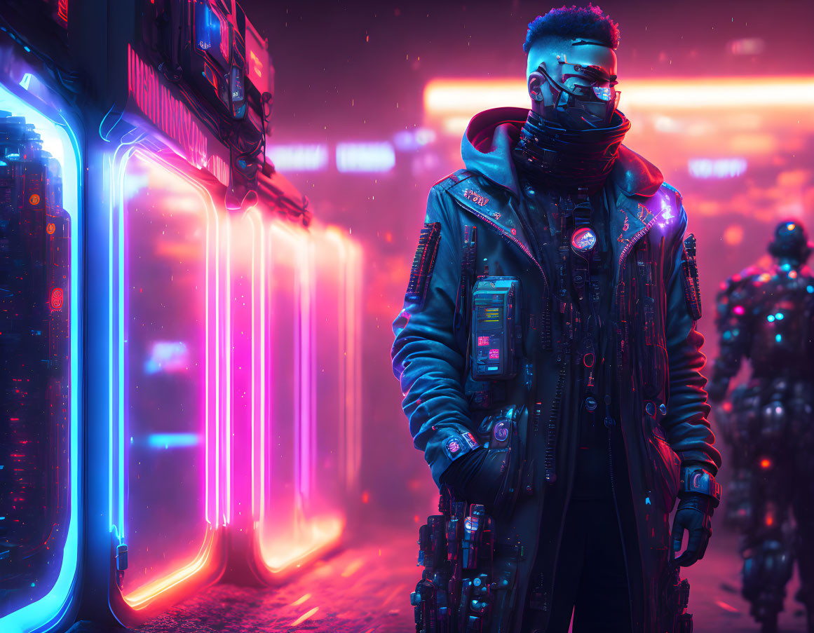 Futuristic attire person in neon-lit cityscape with armored figures
