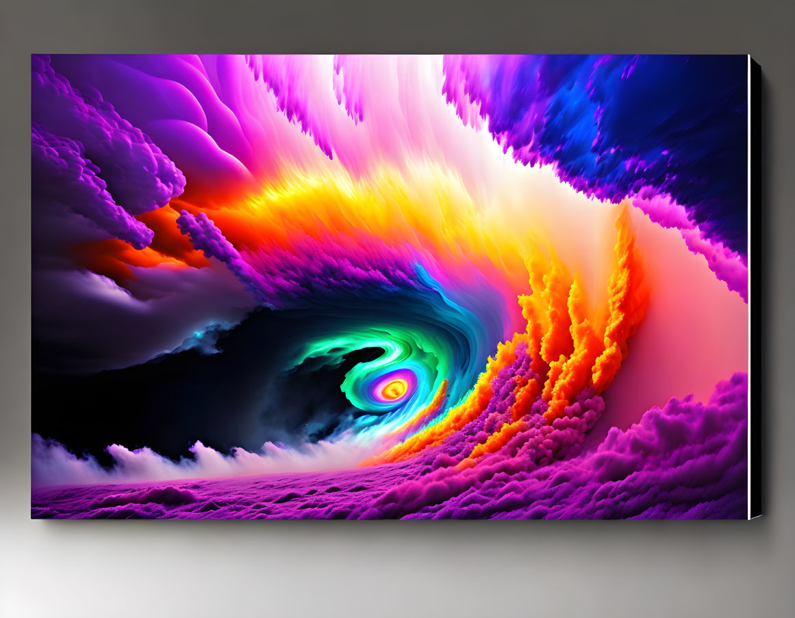 Colorful swirling vortex of clouds on canvas art piece.