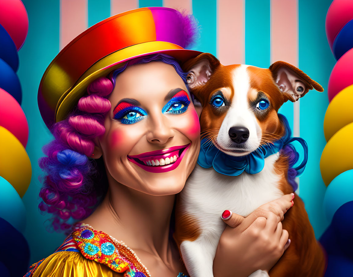 Colorful digital illustration: Smiling woman with vibrant makeup holding a dog