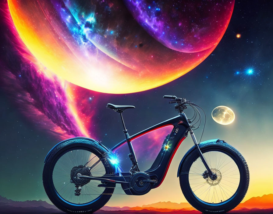 Electric bike with cosmic backdrop: giant planet, stars, moon, mountains