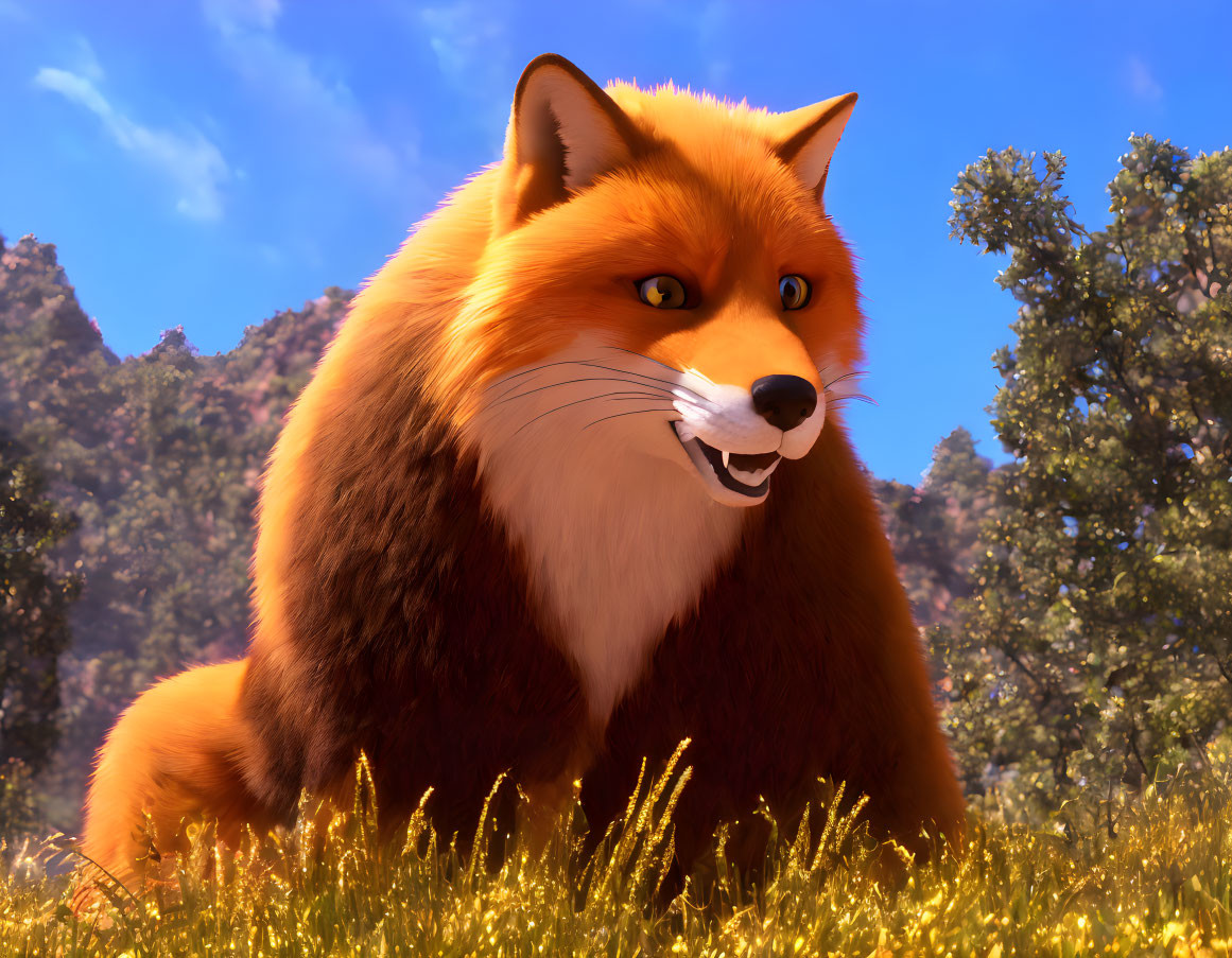 Realistic 3D animated red fox in sunlit forest clearing