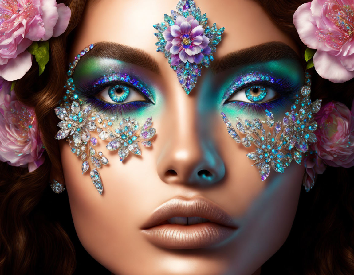 Woman's face with vibrant blue eyeshadow and glitter, crystal embellishments, and pink floral accents