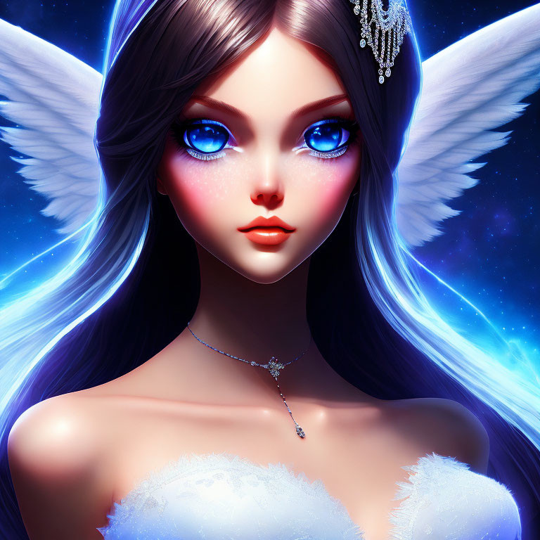 Fantasy angel illustration with blue eyes, white wings, and jewelry on starry backdrop