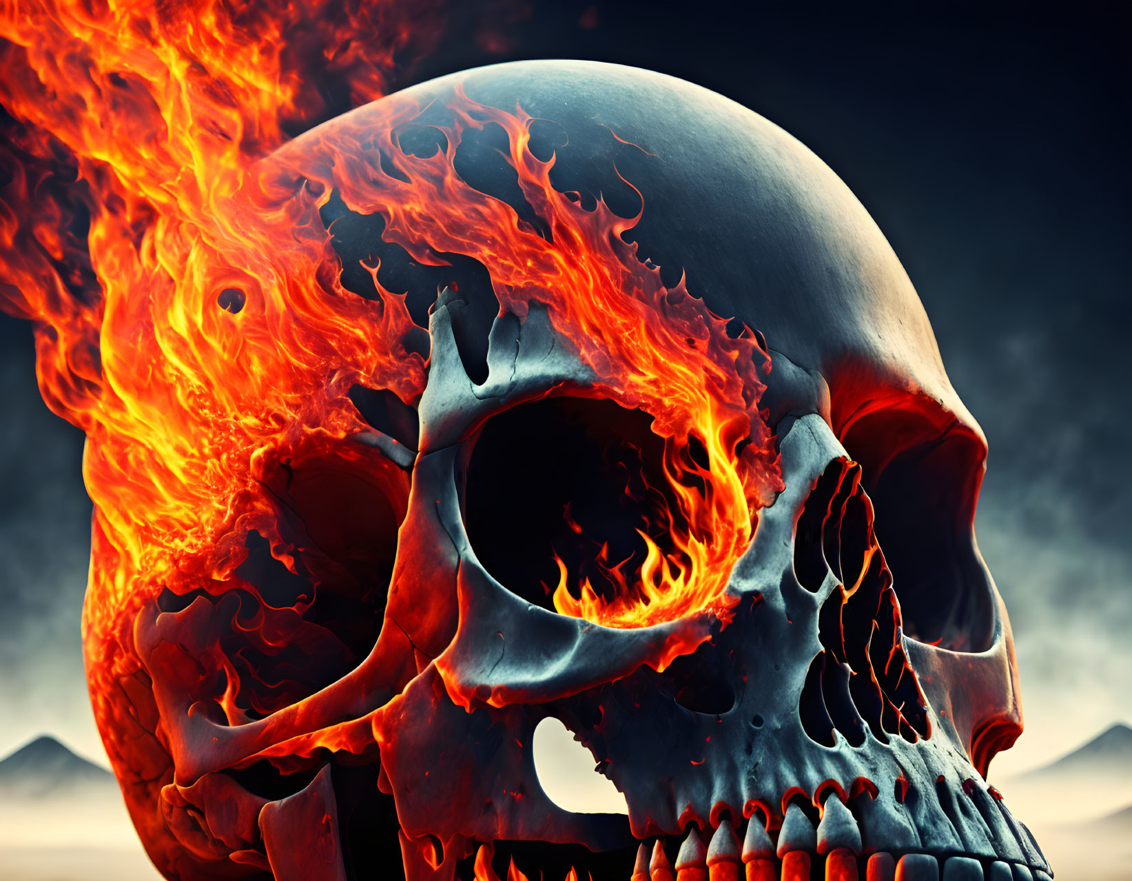 Flaming human skull against stormy sky and mountains