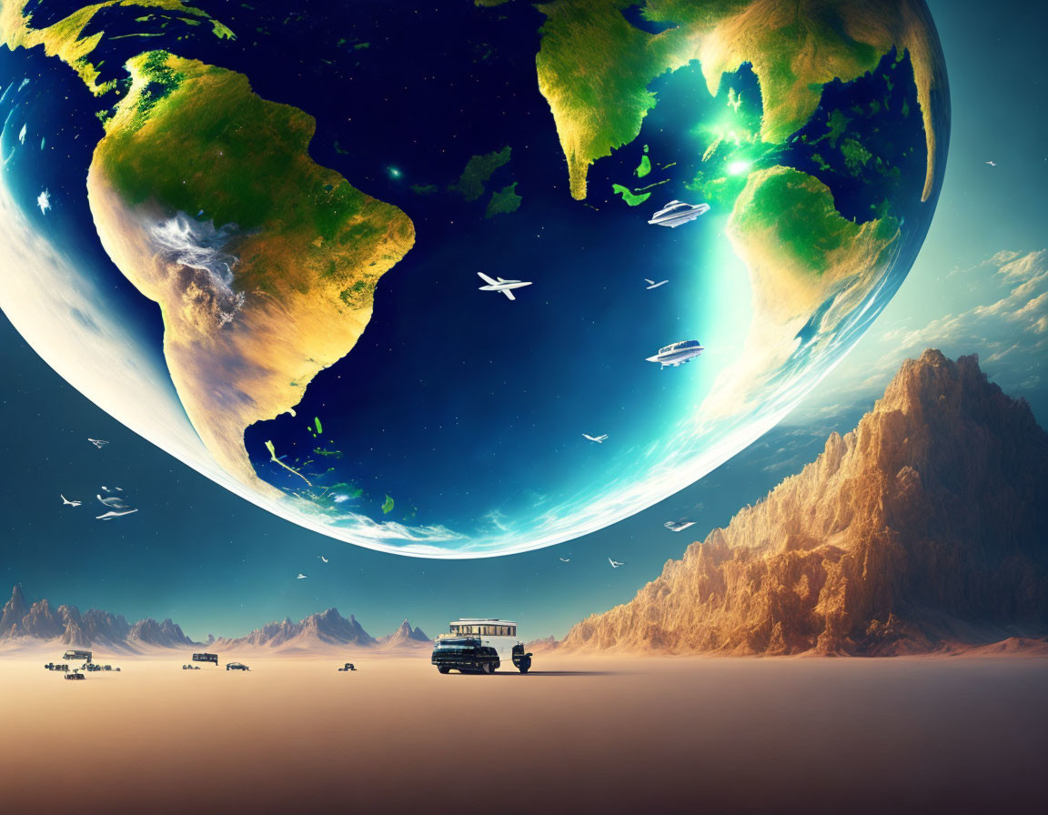 Futuristic landscape with flying ships under a large Earth above a desert with mountains and a lone bus