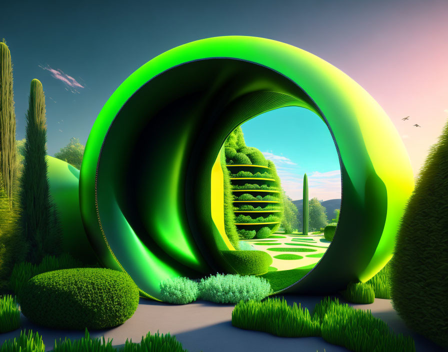 Surreal garden with vibrant greenery and futuristic circular gateway.