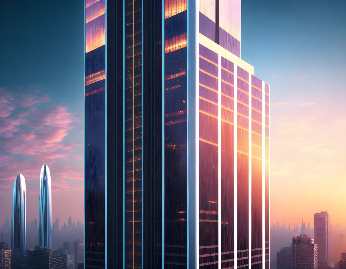 Futuristic cityscape with tall skyscrapers at sunset