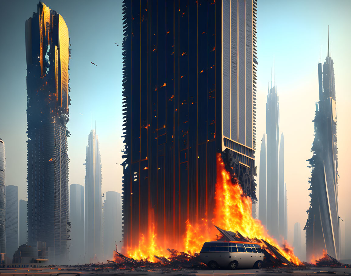 Apocalyptic cityscape with towering skyscrapers and flames in a hazy, orange-tinted