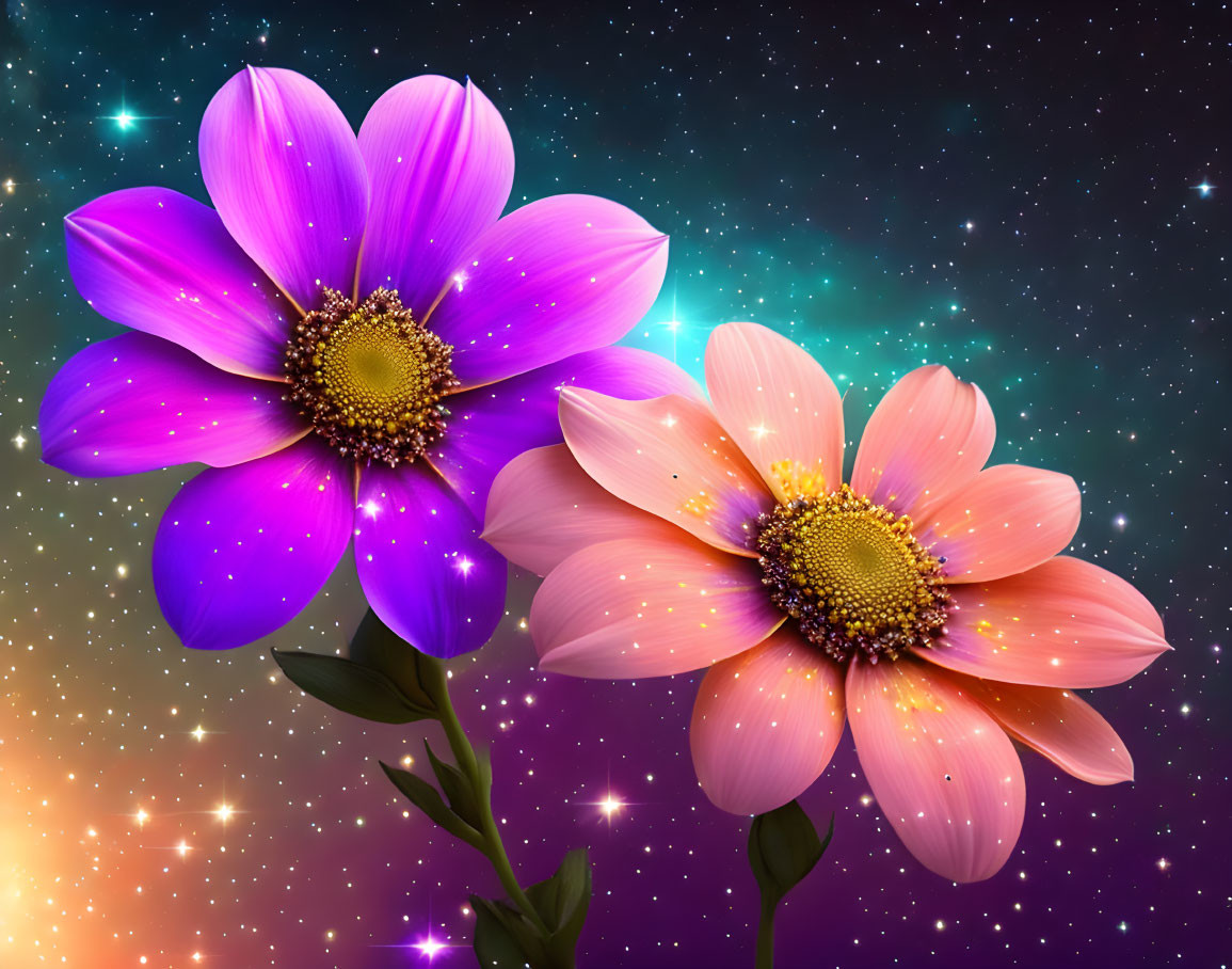 Colorful Flowers on Cosmic Background with Stars and Nebula Glow