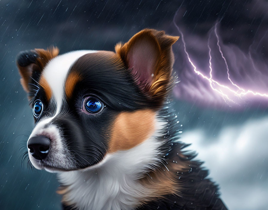 Tricolor dog with blue eyes against stormy skies