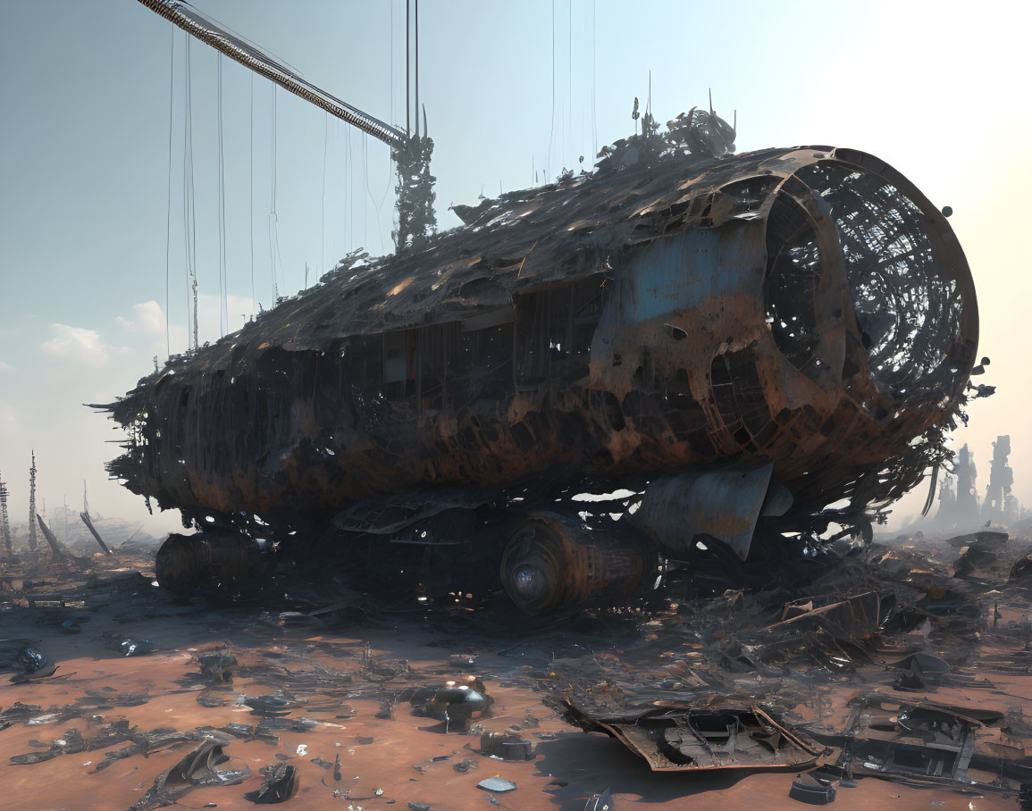 Abandoned rusty spaceship in desolate landscape with industrial cranes