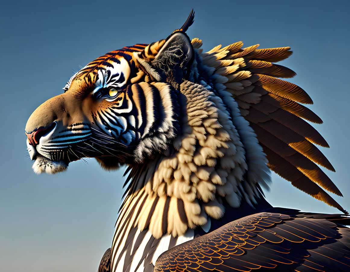 Hybrid Creature: Tiger Head, Eagle Body on Blue Sky