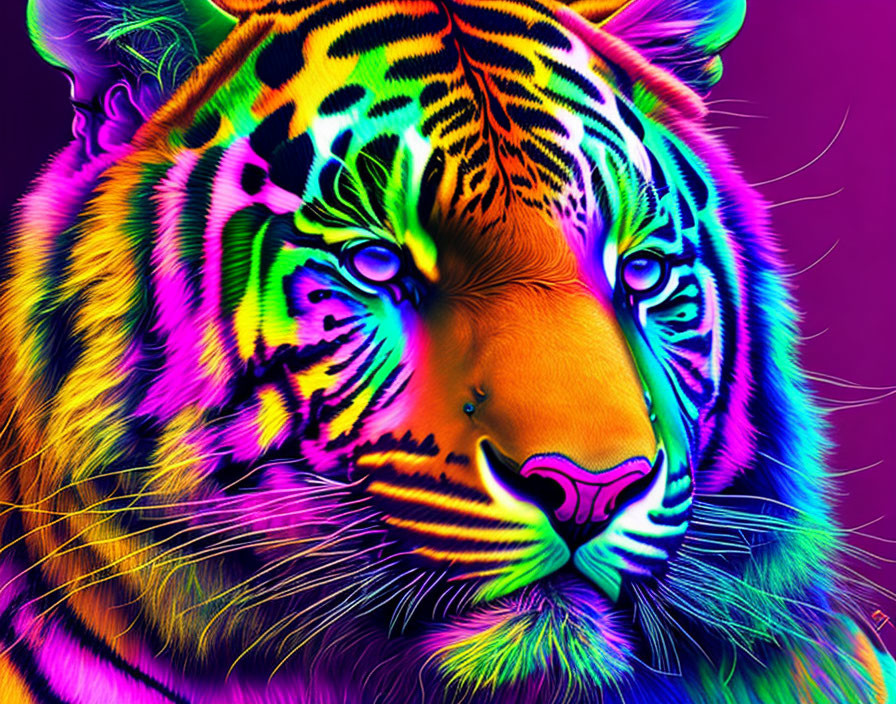 Colorful Tiger Face Digital Artwork in Neon Hues