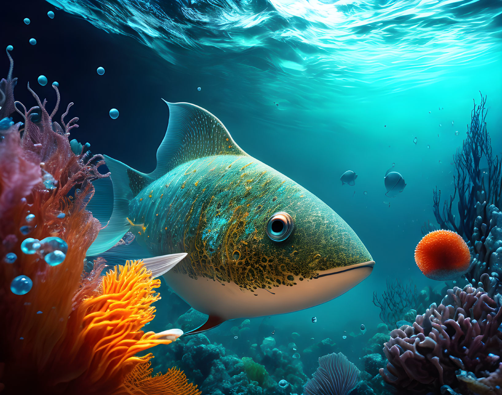 Colorful underwater scene with large fish, coral reefs, bubbles, and smaller fish in ocean setting