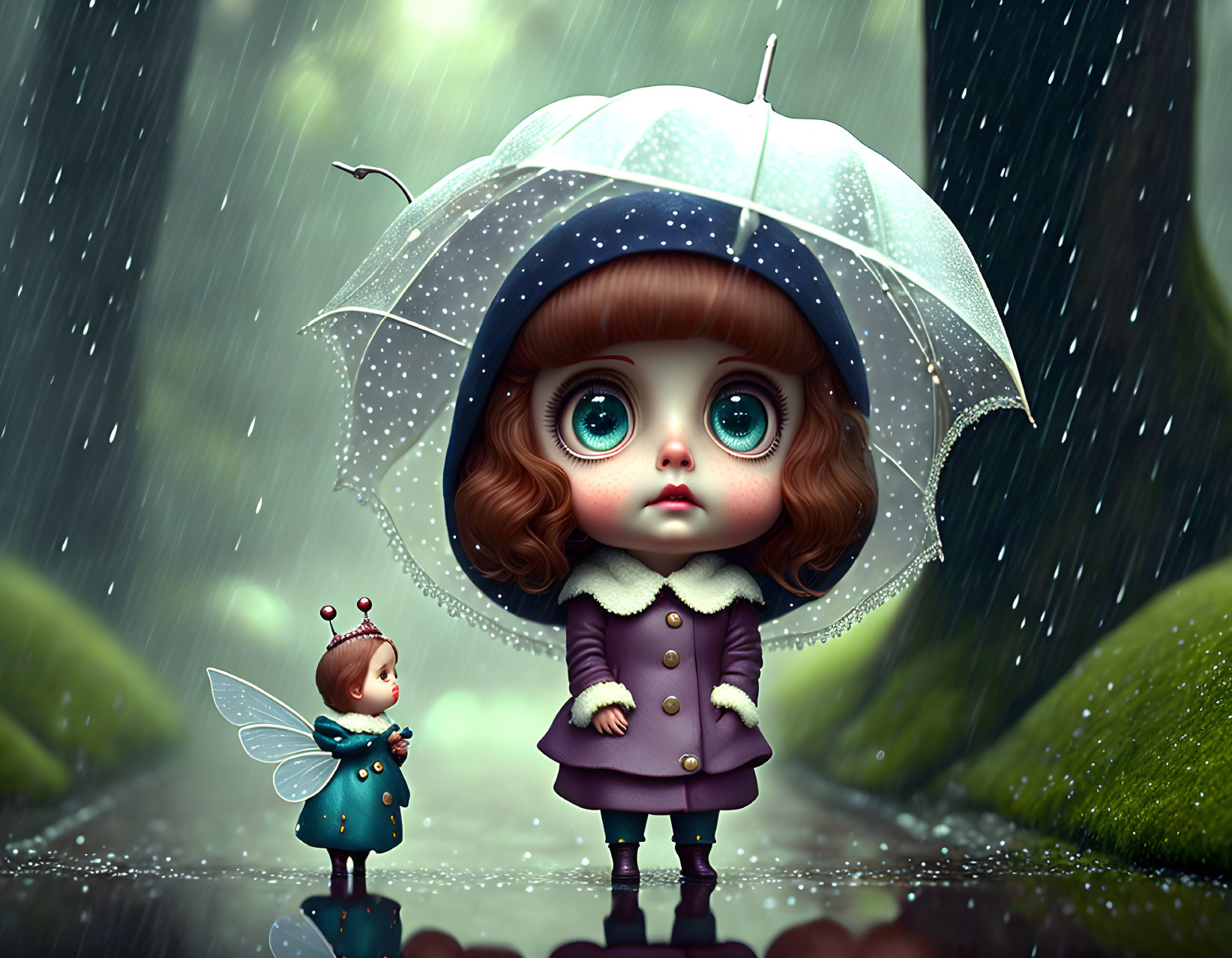Digital illustration of big-eyed girl with umbrella and fairy in rain-drenched forest