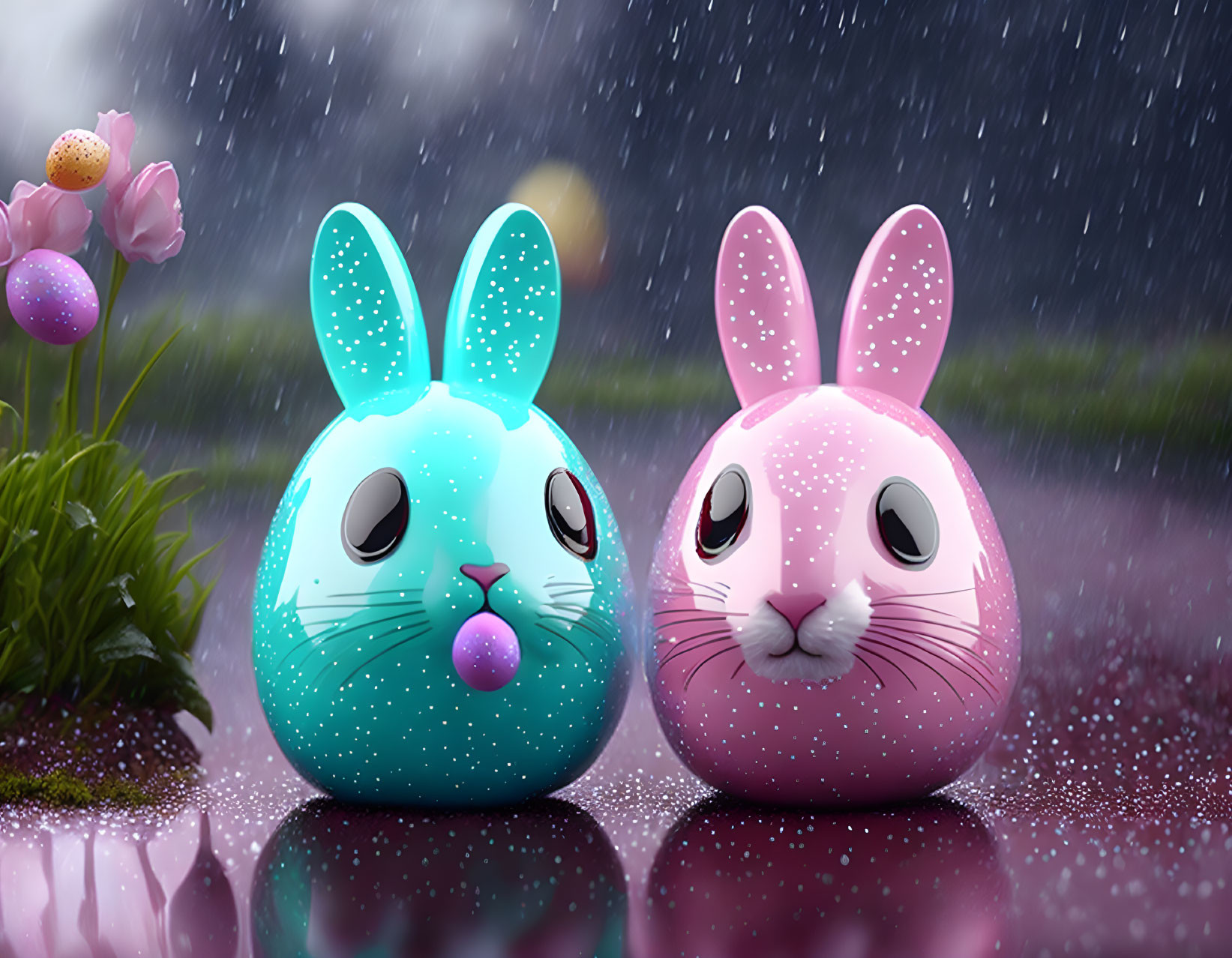 Cartoon-Style Bunny Figurines in Blue and Pink Rainy Scene