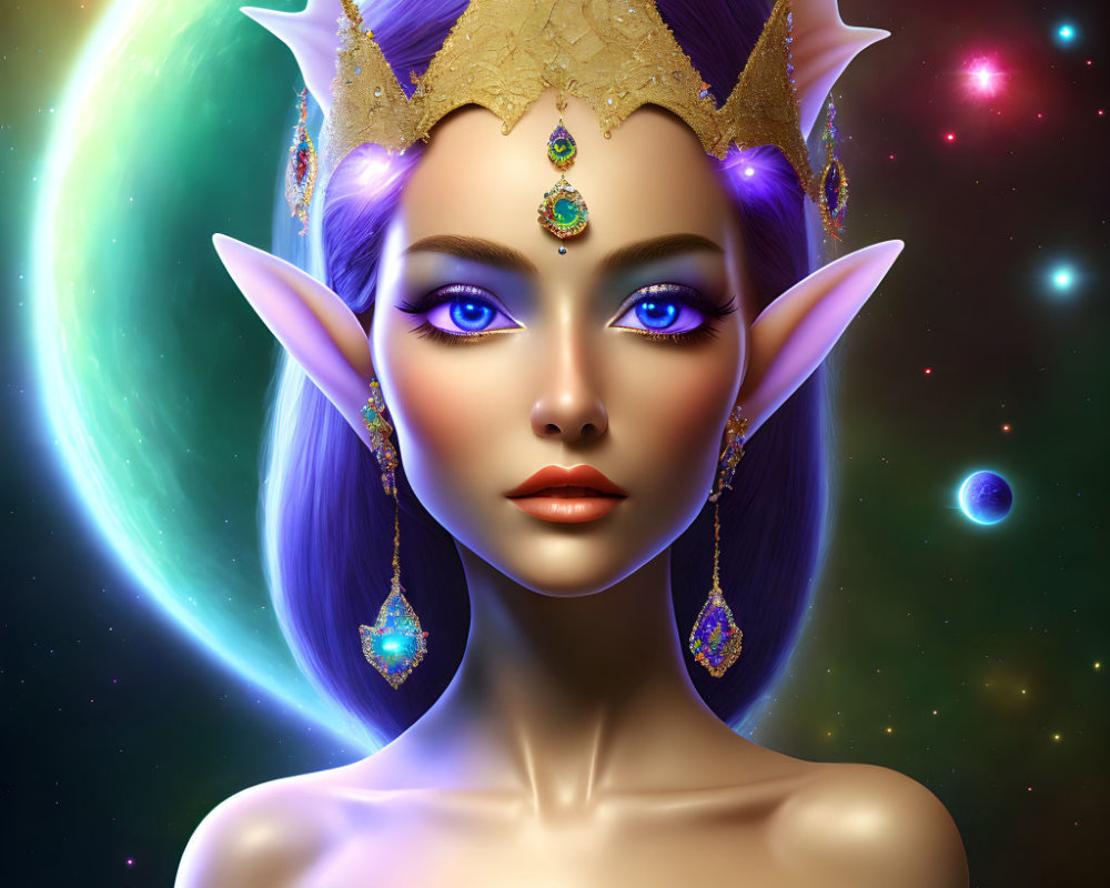 Fantastical elf with blue eyes in cosmic setting with vibrant planets