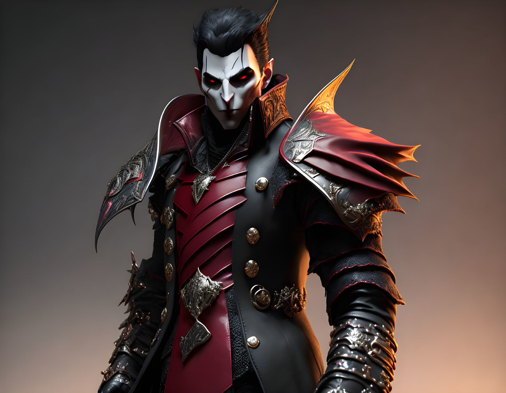 Elaborate armored vampire with piercing eyes in moody setting