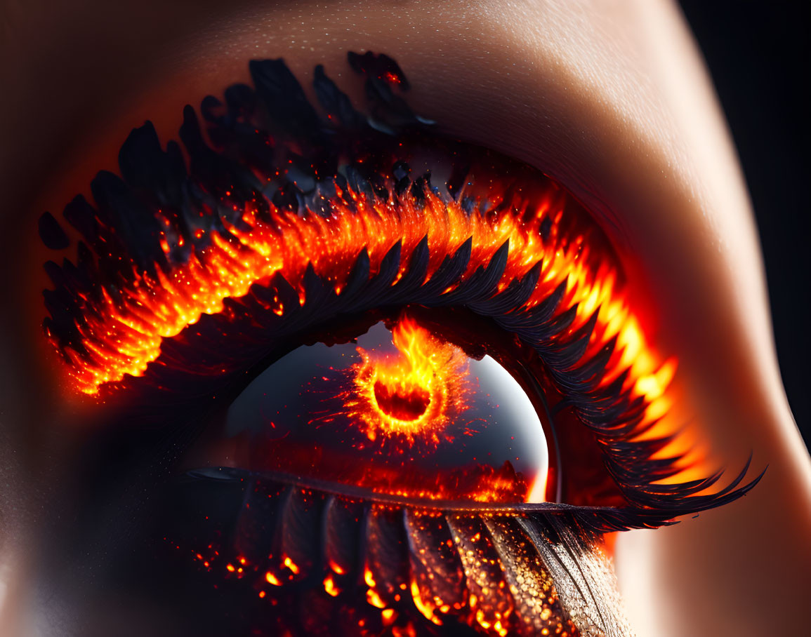 Eye makeup with fiery orange and red flames and golden sparkles.