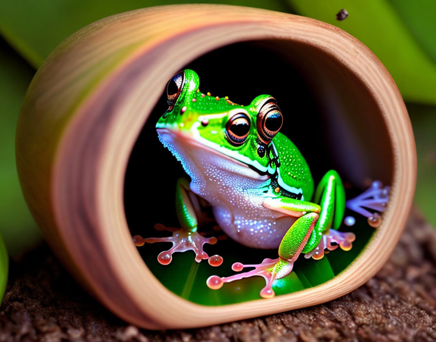 Striking Green Frog with Vibrant Eyes in Hollow Tube on Leafy Background
