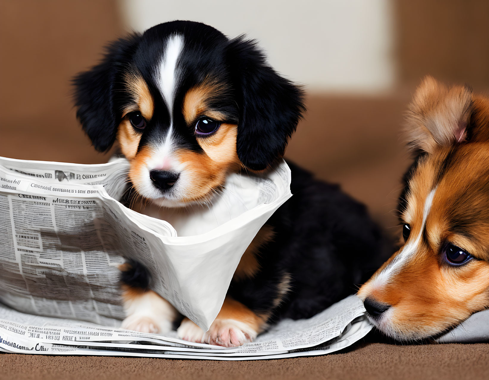 Two cute puppies, one reading a newspaper, the other curious.