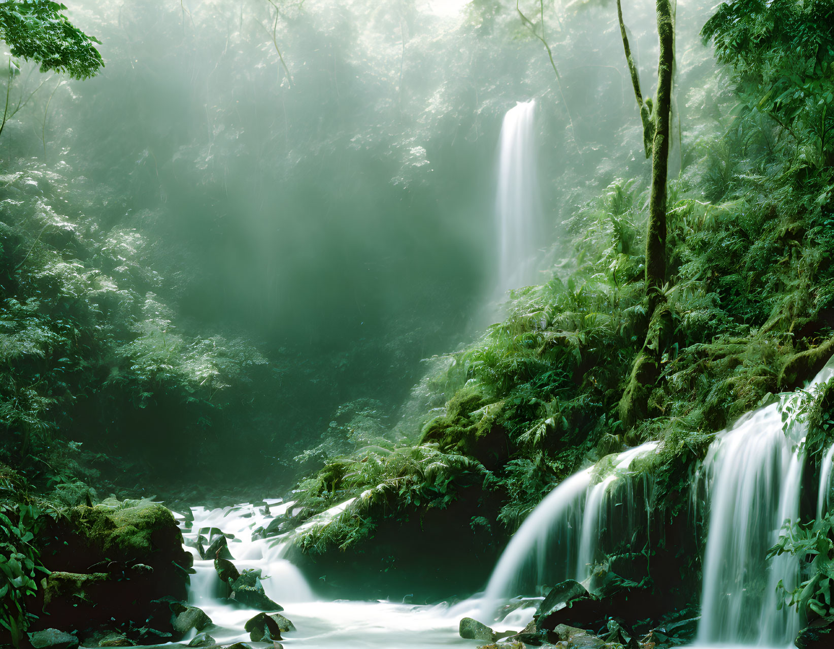 Tranquil misty forest waterfall scene