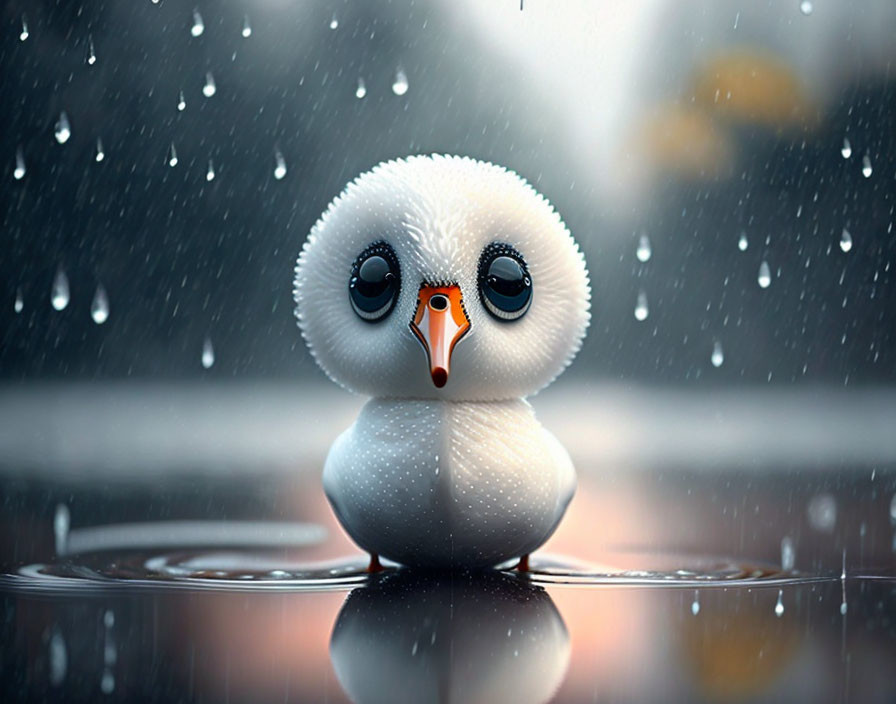 Stylized snowy owl figurine in rain shower