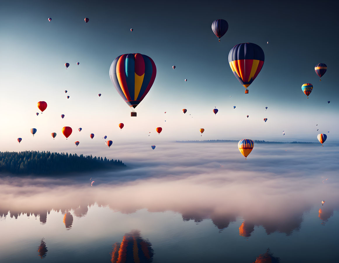 Balloons over the fog lake.
