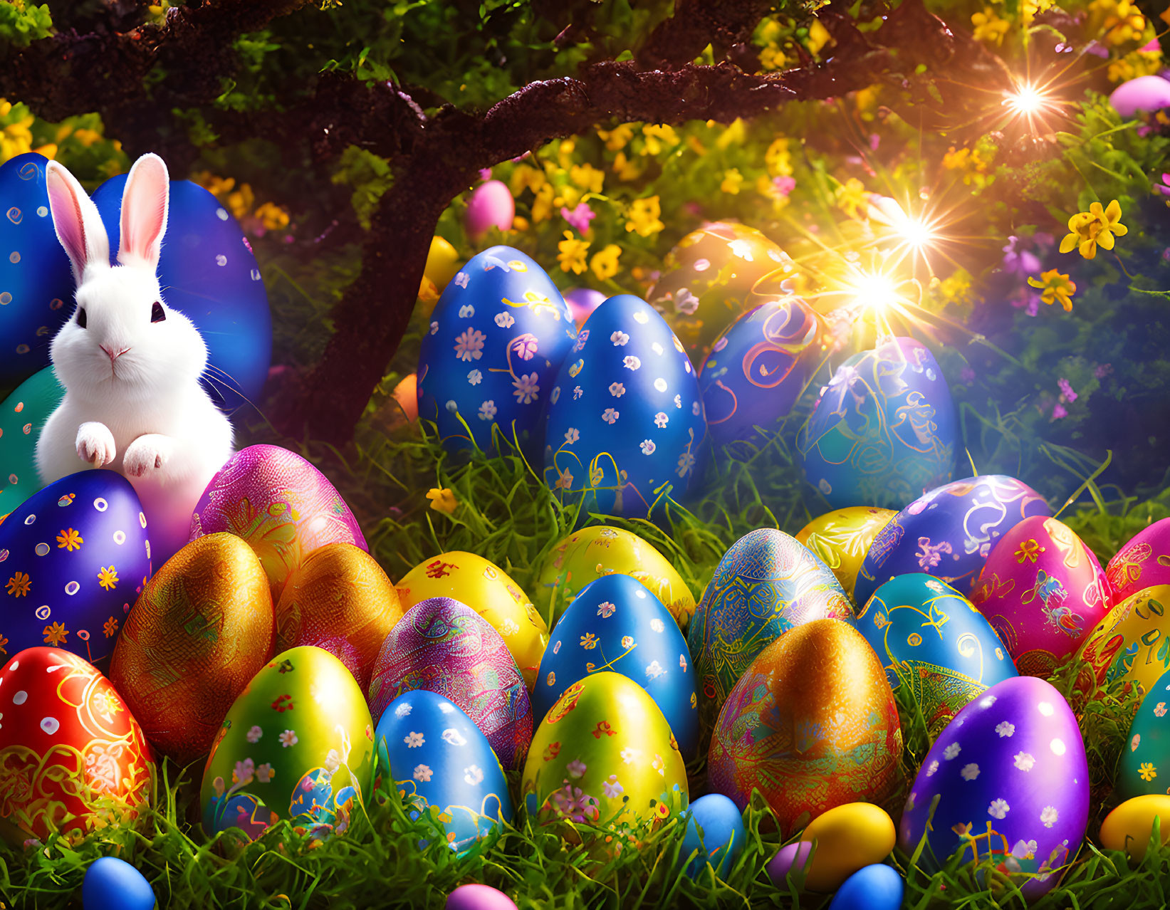 White Rabbit Surrounded by Easter Eggs in Vibrant Spring Setting