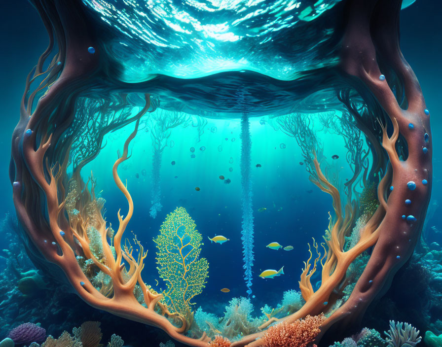 Colorful Coral Formations and Fish in Sunlit Underwater Scene