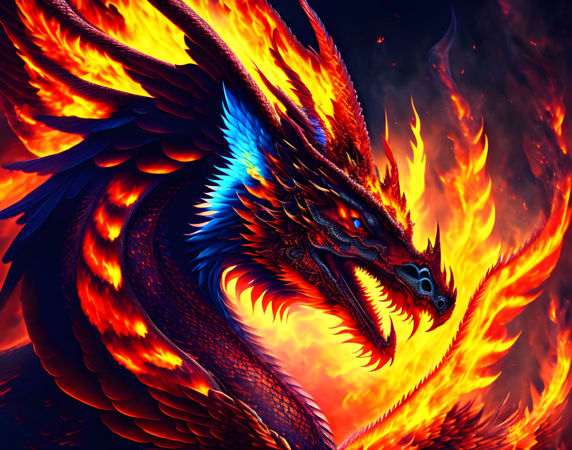 Mythical dragon digital artwork with vibrant blue and orange scales