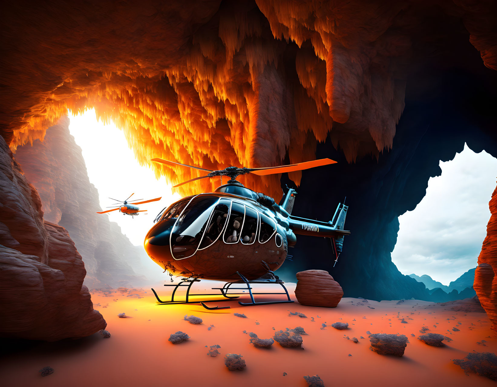helicopter flying inside a cave