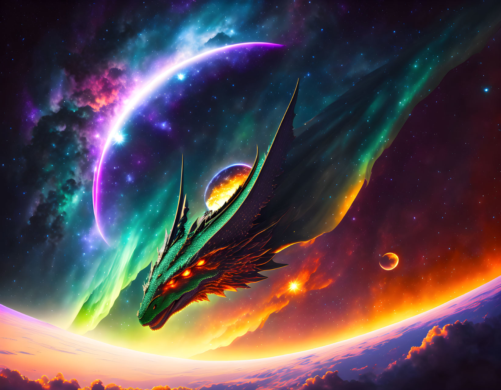 Majestic dragon flying through vibrant fantasy space