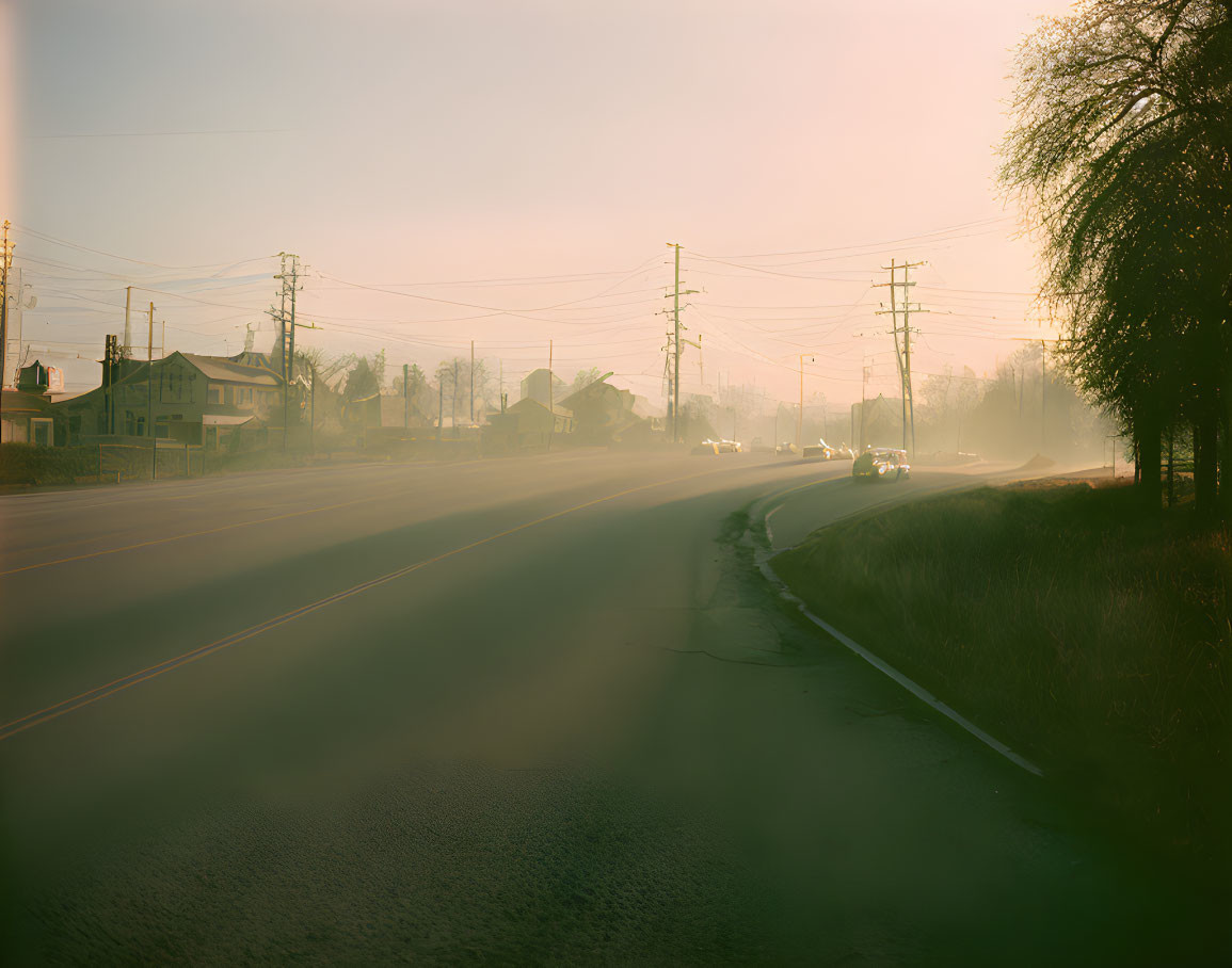 Sunlit morning haze on curved road with car silhouettes & electric poles
