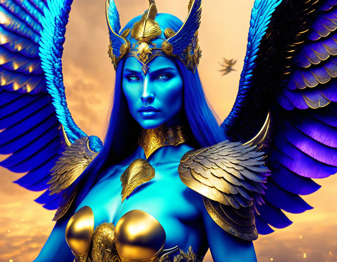 Mythical winged woman digital art: blue skin, golden armor, blue-and-golden